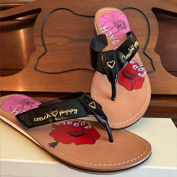 Coach Poppy Michele Black Patent Flip Flops with Gold Logo - Picture 12 of 12